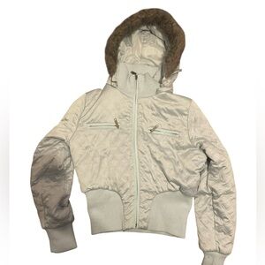 Yoki Light Blue Quilted Hooded Bomber Jacket with Faux Fur Trim